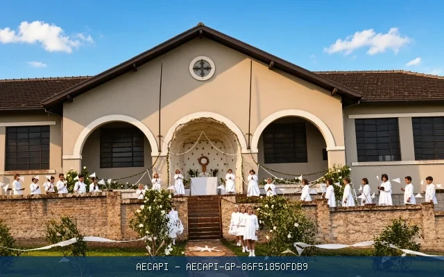 Crianças e adultos com vestes claras diante de uma igreja durante celebração religiosa.