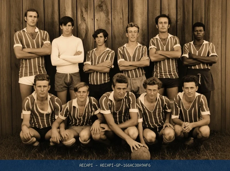 Onze integrantes uniformizados de uma equipe de futebol posam em duas fileiras.