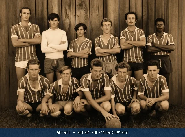 Onze integrantes uniformizados de uma equipe de futebol posam em duas fileiras.