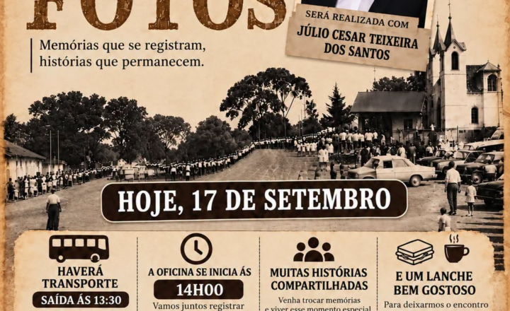 Cartaz da Oficina de Fotos — Memórias que Permanecem, realizada em Pitanga em 17 de setembro de 2026