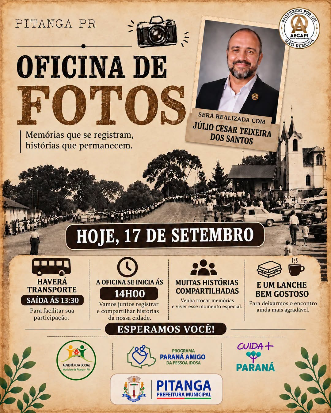 Cartaz da Oficina de Fotos — Memórias que Permanecem, realizada em Pitanga em 17 de setembro de 2026